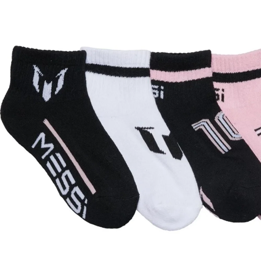MESSI Black White Pink Boys Girls Lock Up Half Cushion Quarter Crew Socks